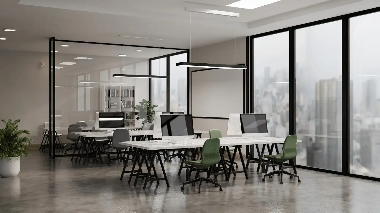 Nowoczesne biuro po sprzątaniu, czysta przestrzeń do pracy i spotkań biznesowych