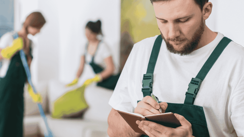 Pracownik firmy sprzątającej zapisujący wykonane prace zgodnie z harmonogramem