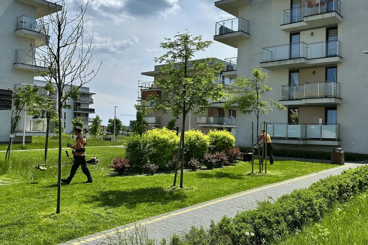Koszenie trawy i pielęgnacja zieleni na terenie osiedla mieszkaniowego