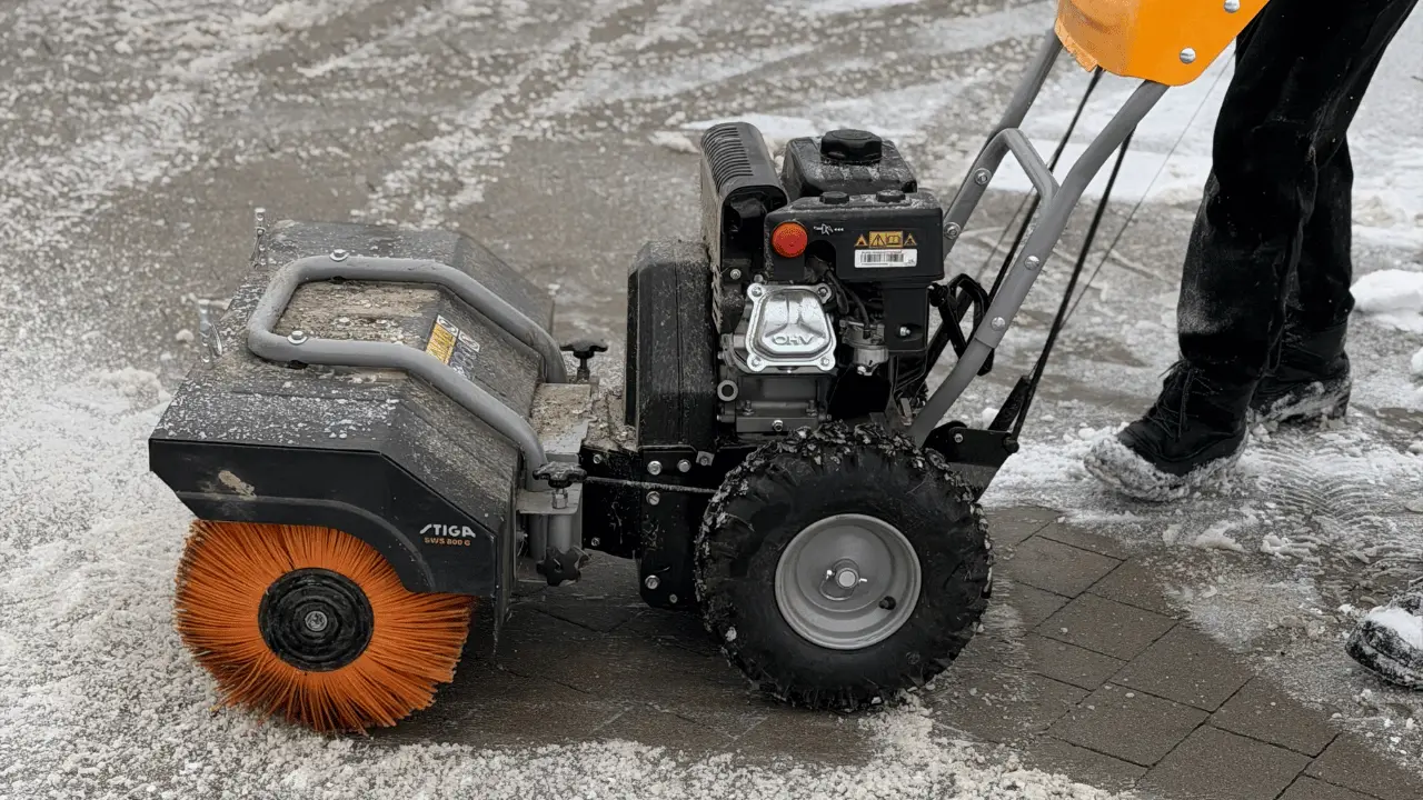 Mechaniczne oczyszczanie chodnika z resztek śniegu i błota pośniegowego