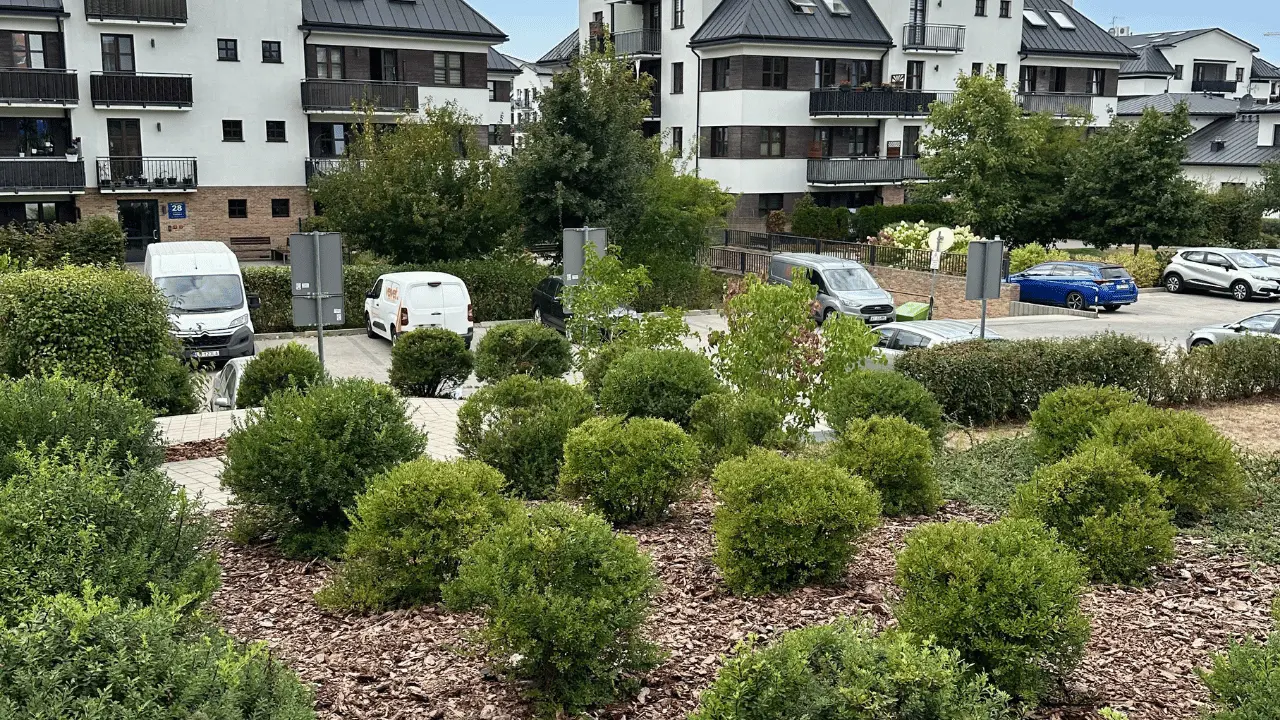 Utrzymanie zieleni przy wspólnocie mieszkaniowej z krzewami, rabatami i parkingiem